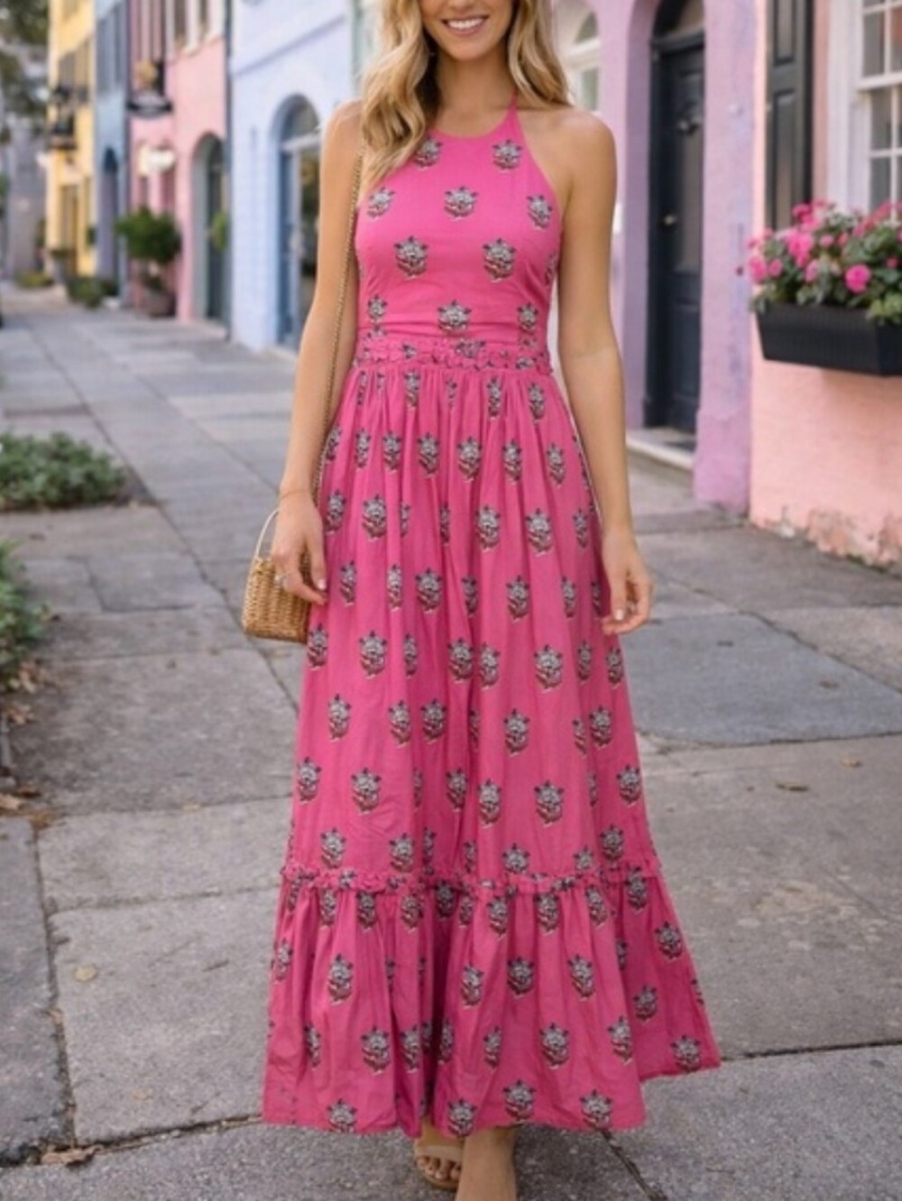 RHODE Selena Dress Sz S pink floral pattern open back
